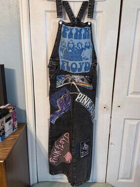 237. Pink Floyd Themed Upcycled Demin Overalls Size Women’s Medium